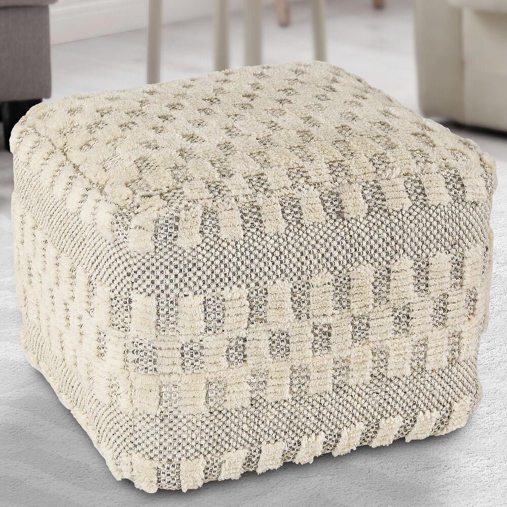 LR Home 18" Square Checkered Pouf in Black and Natural, , large