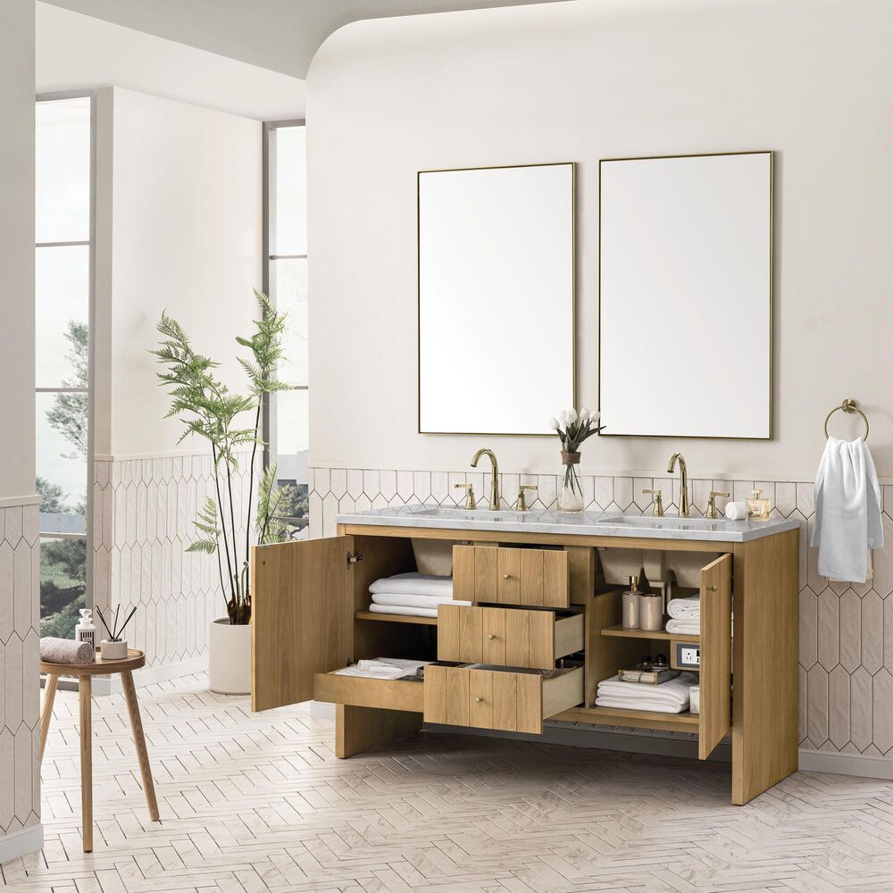 James Martin Vanities Hudson 60" Double Bathroom Vanity in Light Natural Oak with 3 cm Eternal Jasmine Pearl Silestone Top, Rectangular Sinks and FreePower Wireless Charger, , large