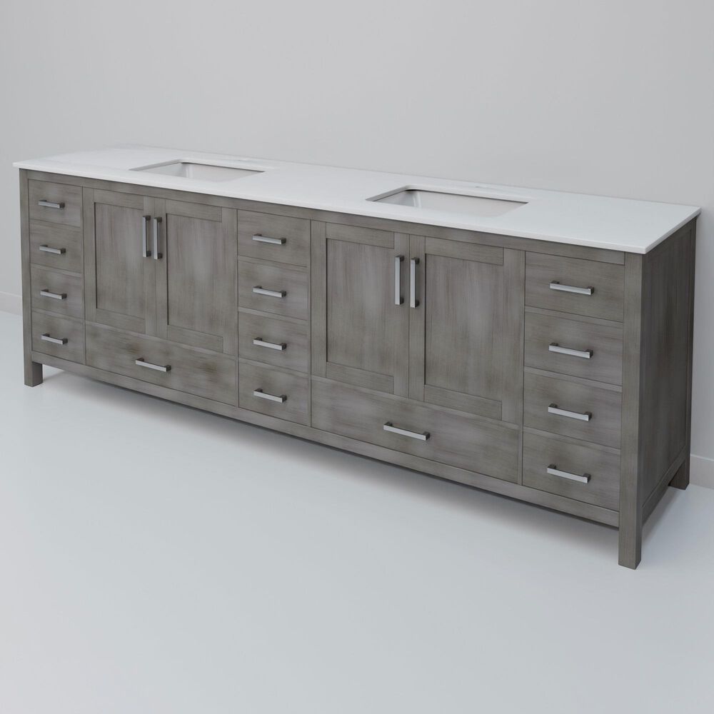 Lexora Home Jacques 84" Double Bathroom Vanity in Distressed Grey with 2 cm White Quartz Top and Rectangular Sinks, , large
