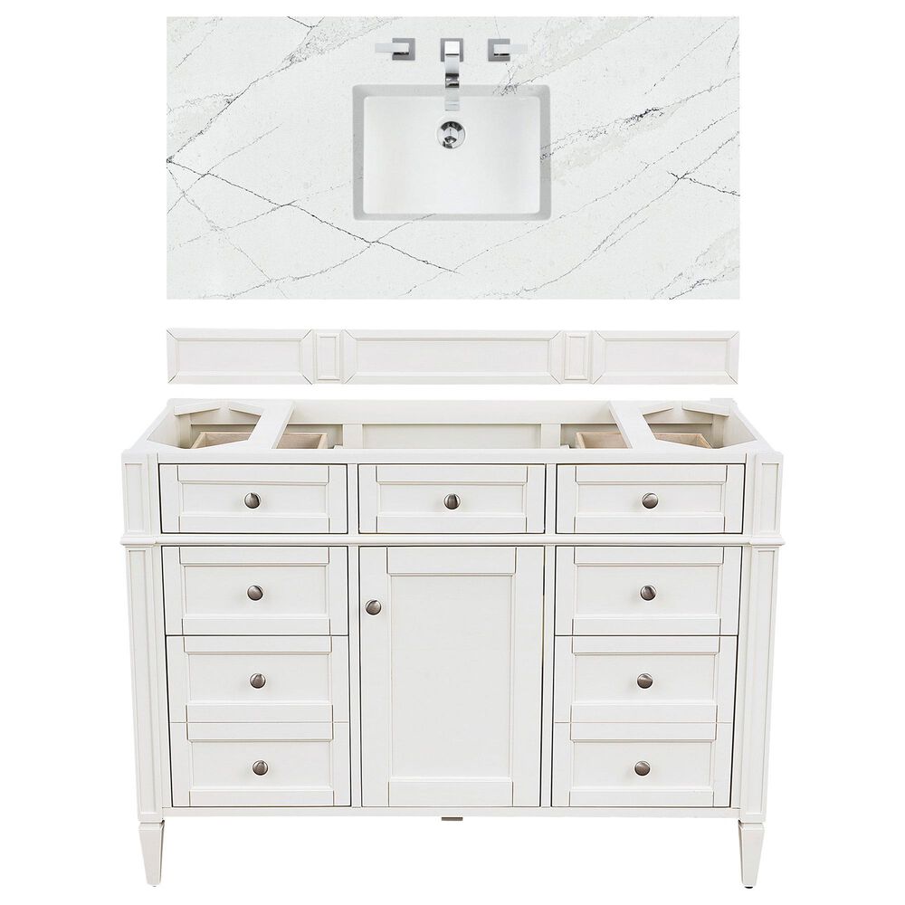 James Martin Vanities Brittany 48" Single Bathroom Vanity in Bright White with 3 cm Ethereal Noctis Quartz Top and Rectangle Sink, , large