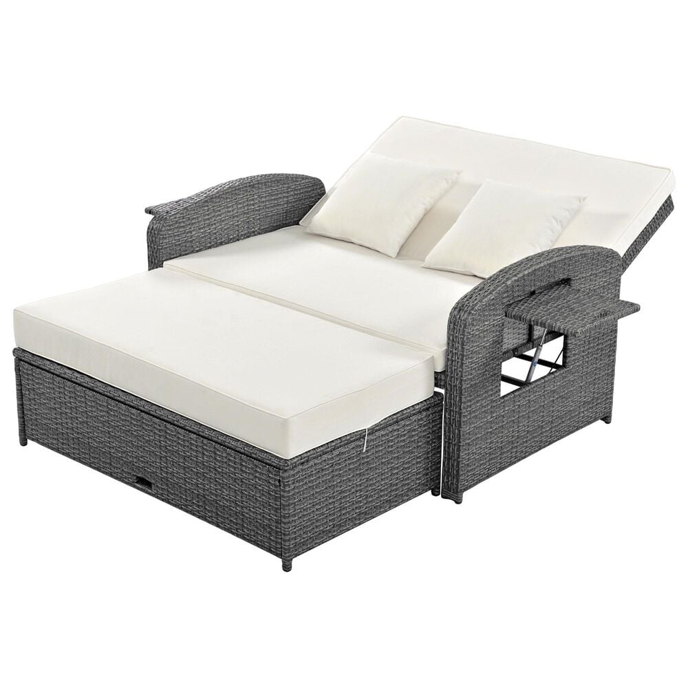 HOMLUX Wicker Rattan Double Chaise Lounge in White, , large
