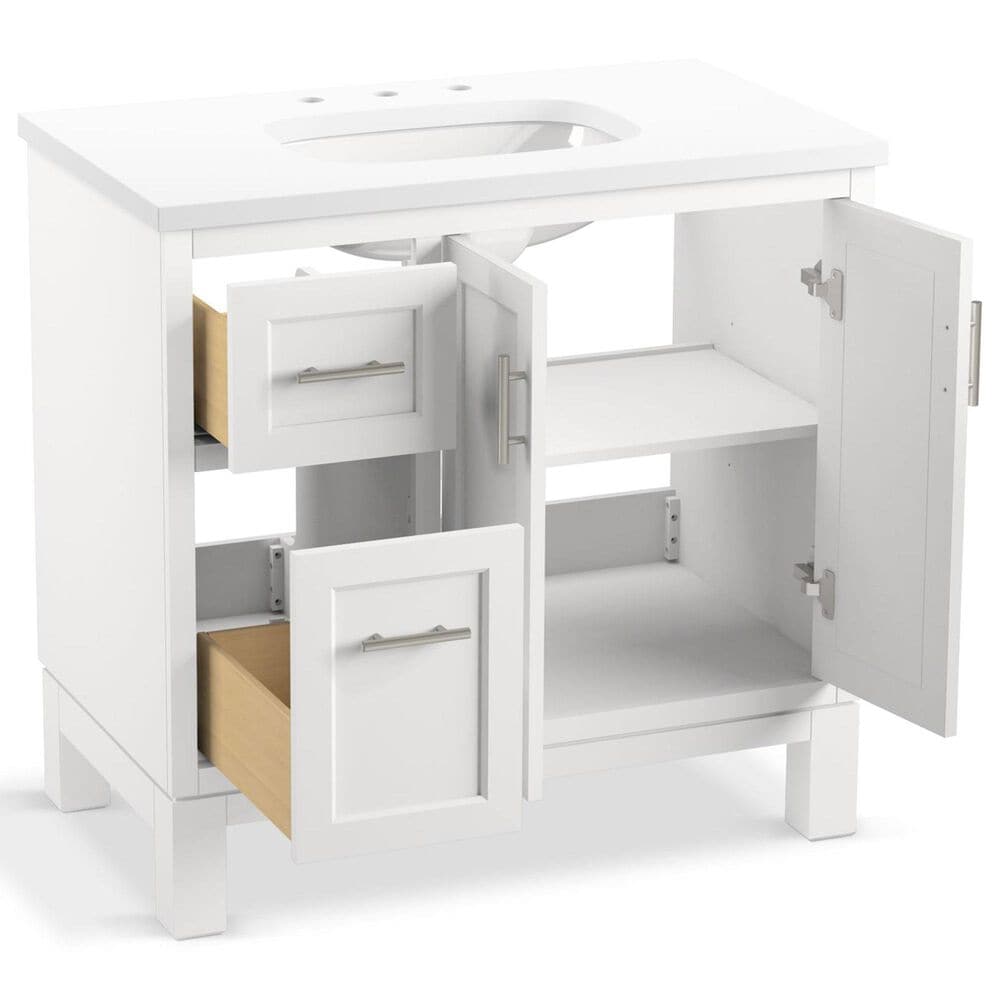 Kohler Quo 36&quot; Single Bathroom Vanity in White with 3 cm Pure White Quartz Top and Oval Sink, , large