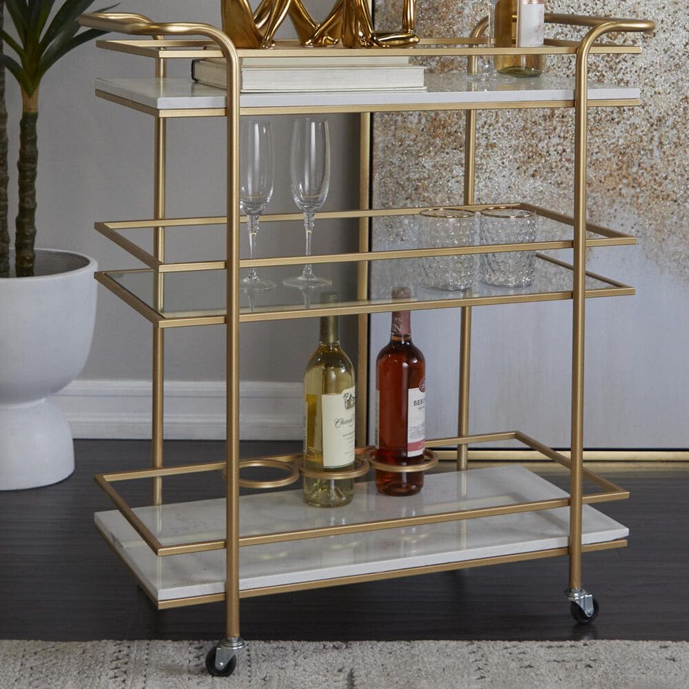 Maple and Jade 3-Shelf Bar Cart with Handle in Satin Gold and White Marble, , large