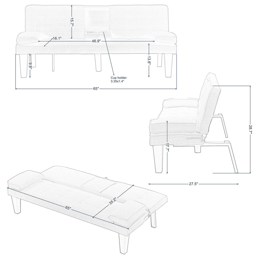 HOMLUX 65" Futon Sleeper Sofa Bed with Adjustable Backrest and Cup Holders in Black, , large