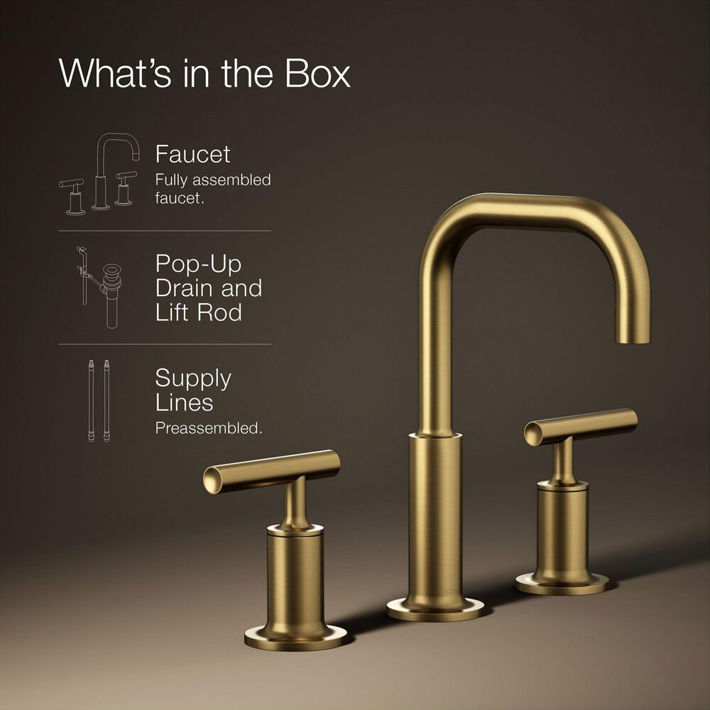 Kohler Purist Widespread Bathroom Sink Faucet with Lever Handles and High Gooseneck Spout in Vibrant Brushed Moderne Brass, , large