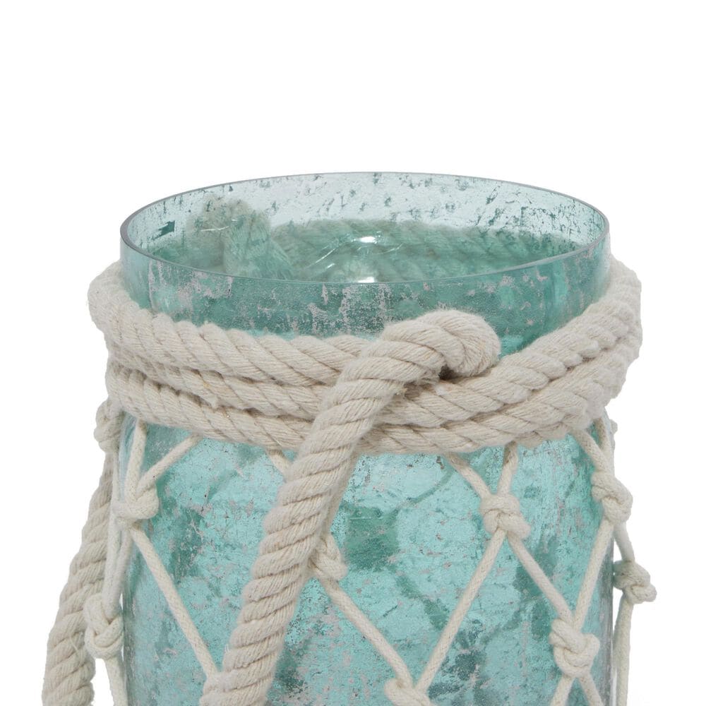 Maple and Jade 5&quot; x 16&quot; Indoor/Outdoor Candle Lantern with Rope Handle in Frosted Blue and Cream, , large