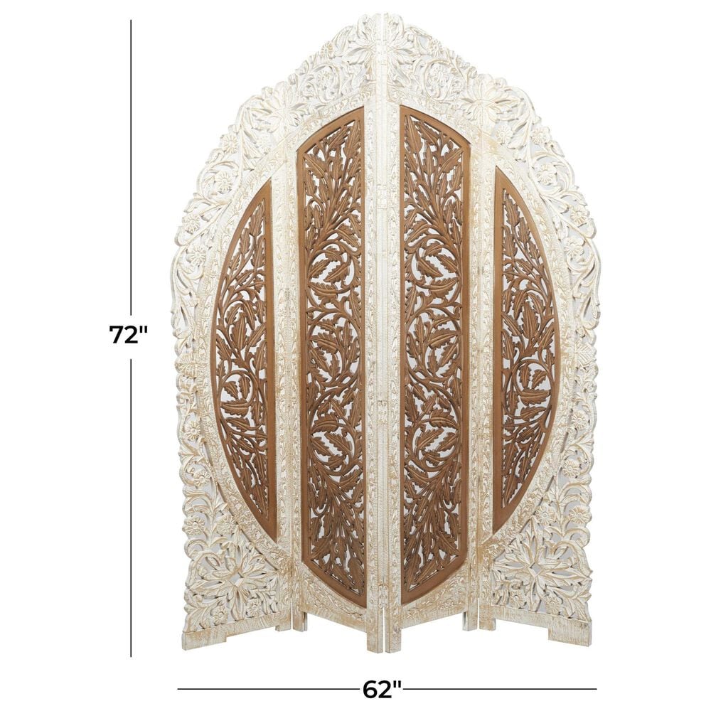 Maple and Jade 4-Panel Partition Room Divider Screen with Carved Designs in Brown and White, , large