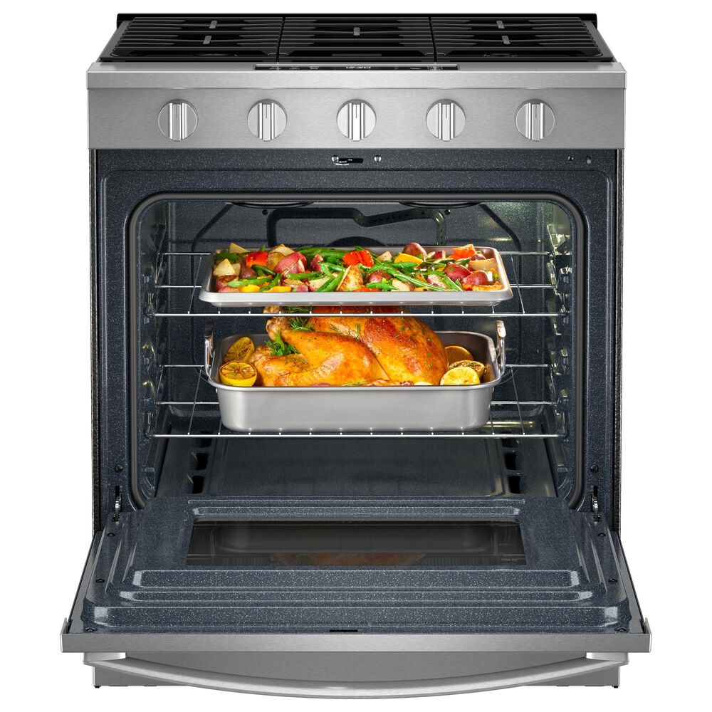 Whirlpool 2-Piece Kitchen Package with 5 Cu. Ft. Smart Gas Range and 1.1 Cu. Ft. Flush Mount Microwave in Fingerprint Resistant Stainless Steel, , large