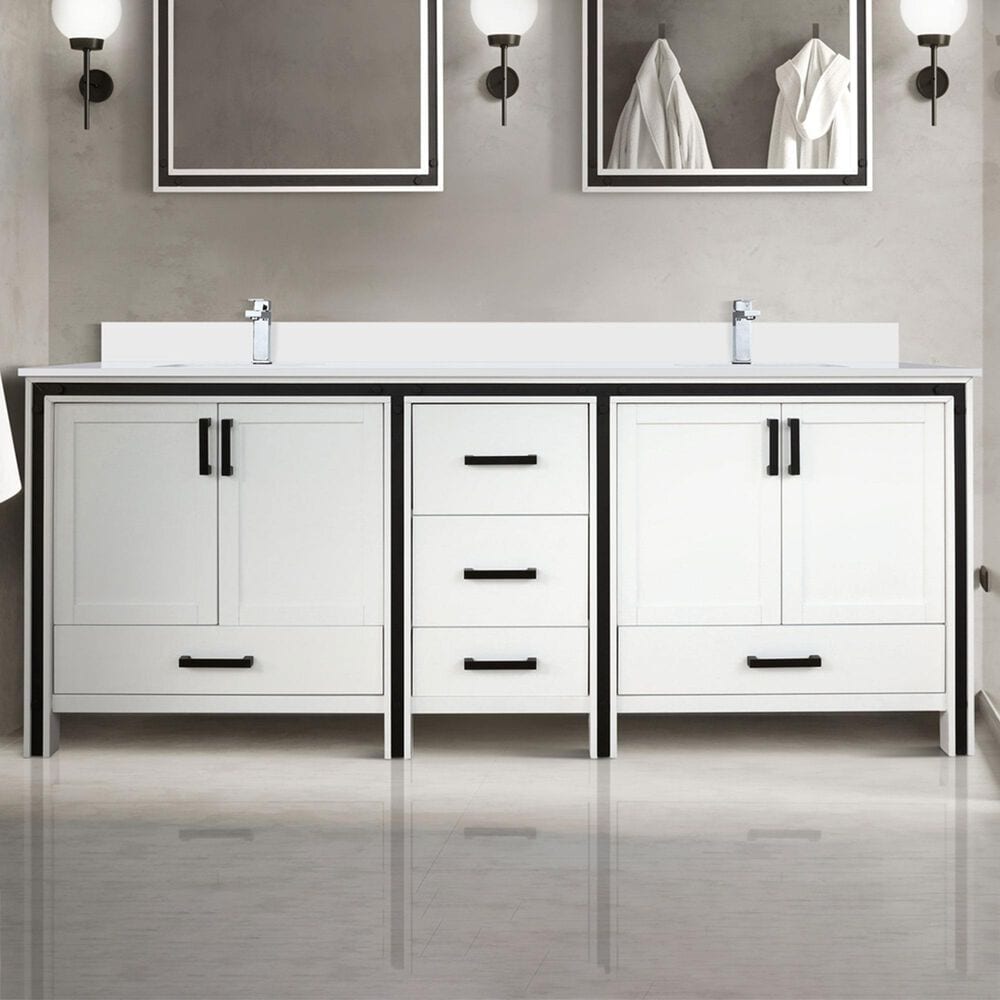 Lexora Home Ziva 84&quot; Double Bathroom Vanity in White with 2 cm White Quartz Top and Rectangular Sinks, , large