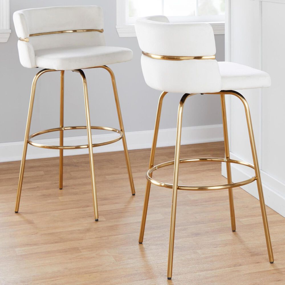 LumiSource Cinch 30" Swivel Barstool with Cream Upholstery in Gold (Set of 2), , large