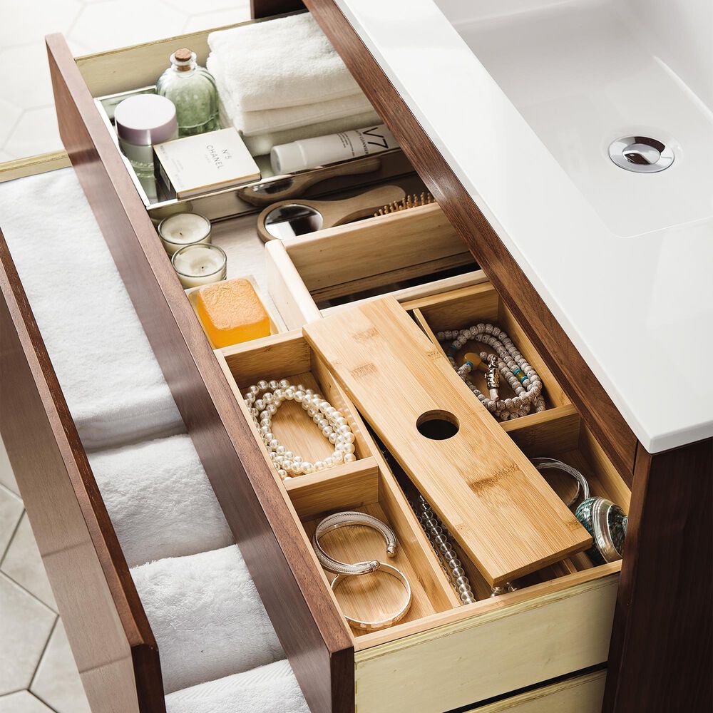 James Martin Vanities Mantova 35.4&quot; Single Vanity in Mid-Century Walnut and Matte Black with 3 cm Glossy White Composite Stone Top and Rectangular Sink, , large