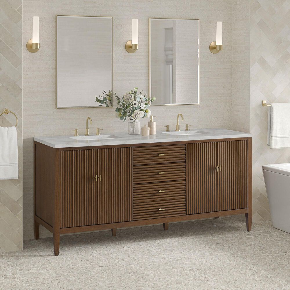 James Martin Vanities Myrrin 72" Double Bathroom Vanity in Mid-Century Walnut with 3 cm Eternal Jasmine Pearl Silestone Top, Rectangular Sinks and FreePower Wireless Charger, , large