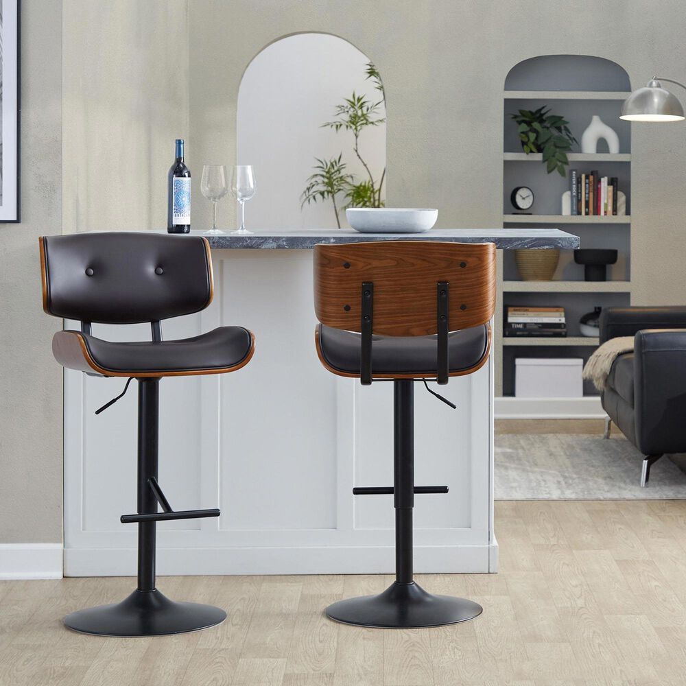 LumiSource Lombardi Adjustable Swivel Barstool with Espresso Faux Leather Upholstery in Black and Walnut (Set of 2), , large