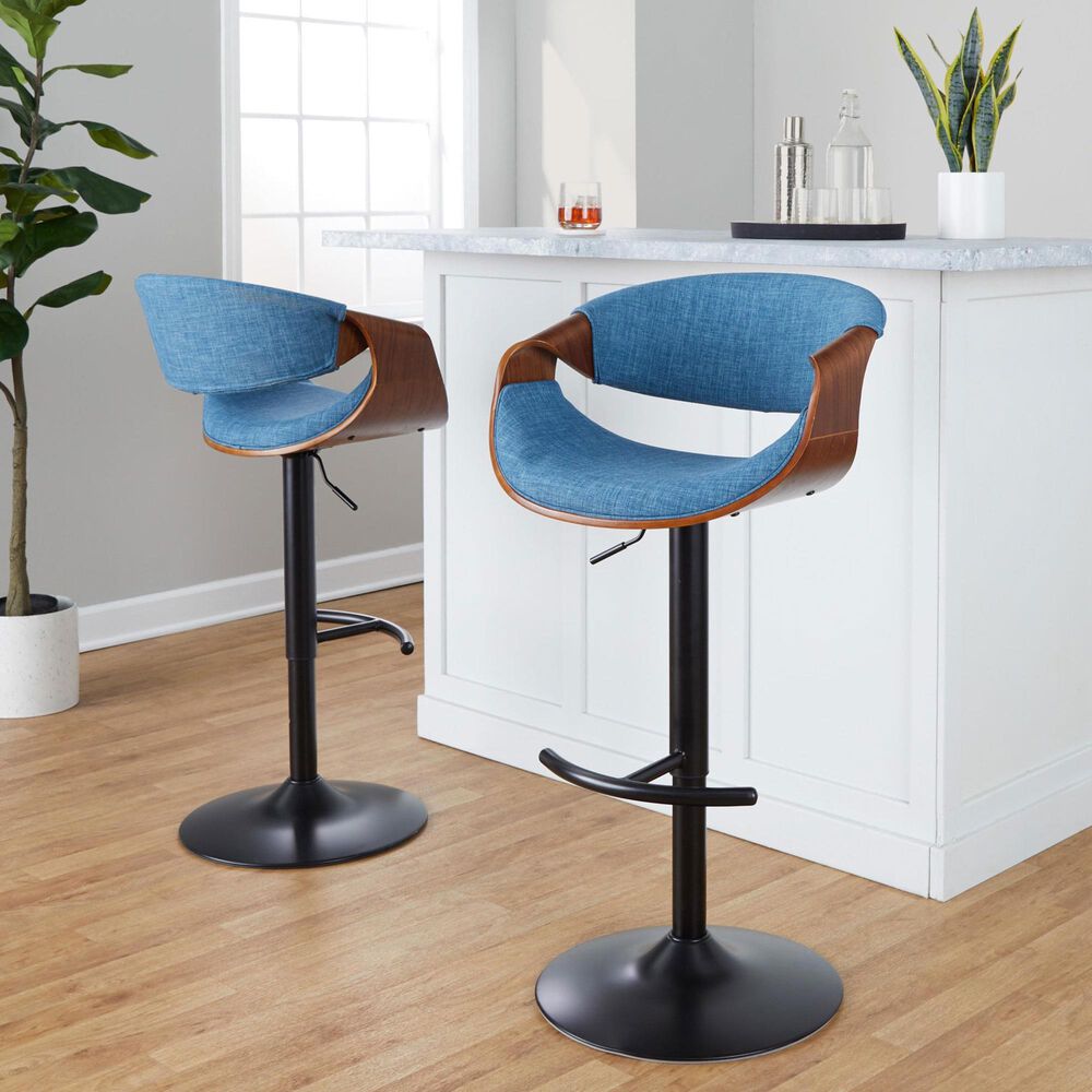 LumiSource Curvo Swivel Adjustable Barstool with Blue Upholstery in Black and Walnut (Set of 2), , large