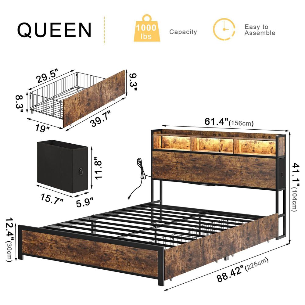 HOMLUX 4-Drawer Queen Storage Bed with LED Bookcase Headboard and Charging Station in Rustic Brown, , large
