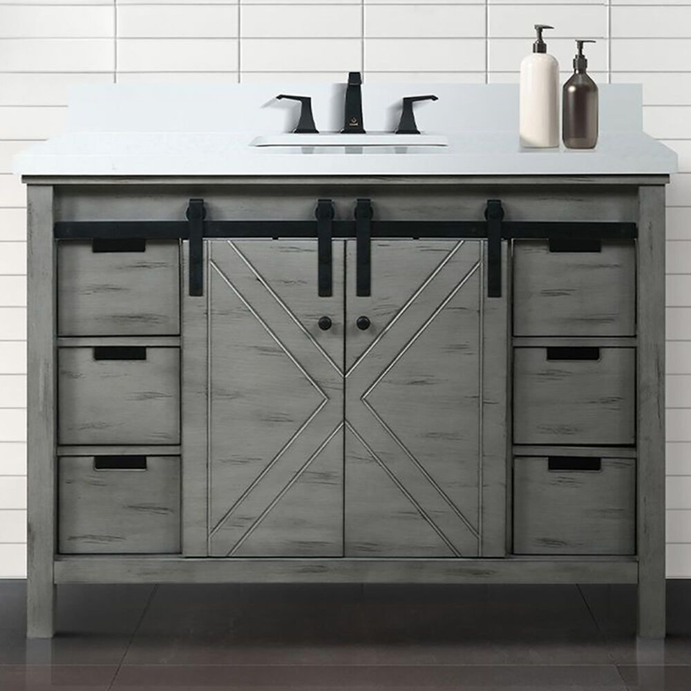 Lexora Home Marsyas 48&quot; Single Bathroom Vanity in Ash Grey with White Quartz Top and Rectangular Sink, , large