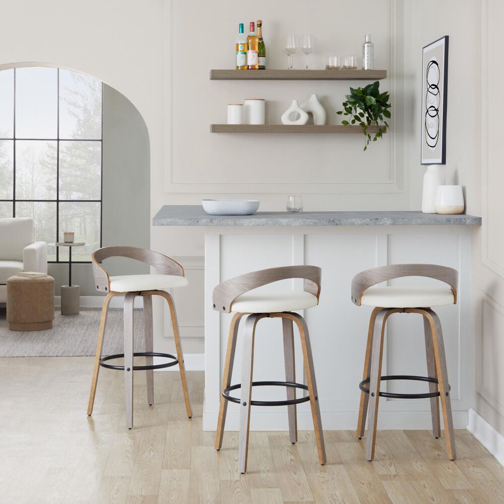 LumiSource Grotto 30" Swivel Barstool with White Faux Leather Upholstery in Light Grey and Black (Set of 2), , large