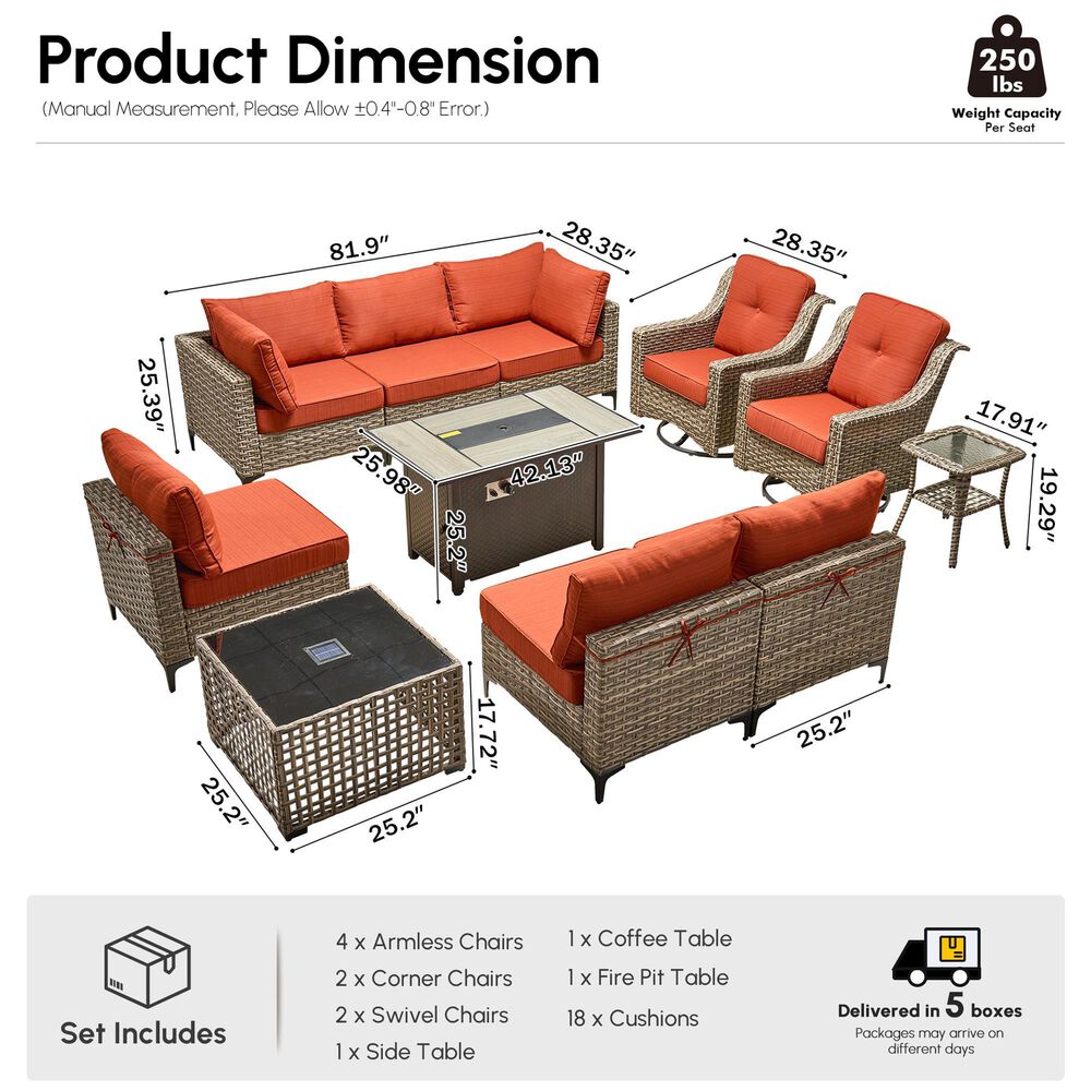 HOMLUX 11-Piece Patio Conversation Set with LED Coffee Table in Orange Red, , large