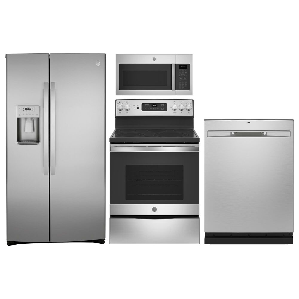 GE Appliances 4-Piece Kitchen Package with 25.1 Cu. Ft. Side-By-Side Refrigerator and Electric Range in Stainless Steel, , large