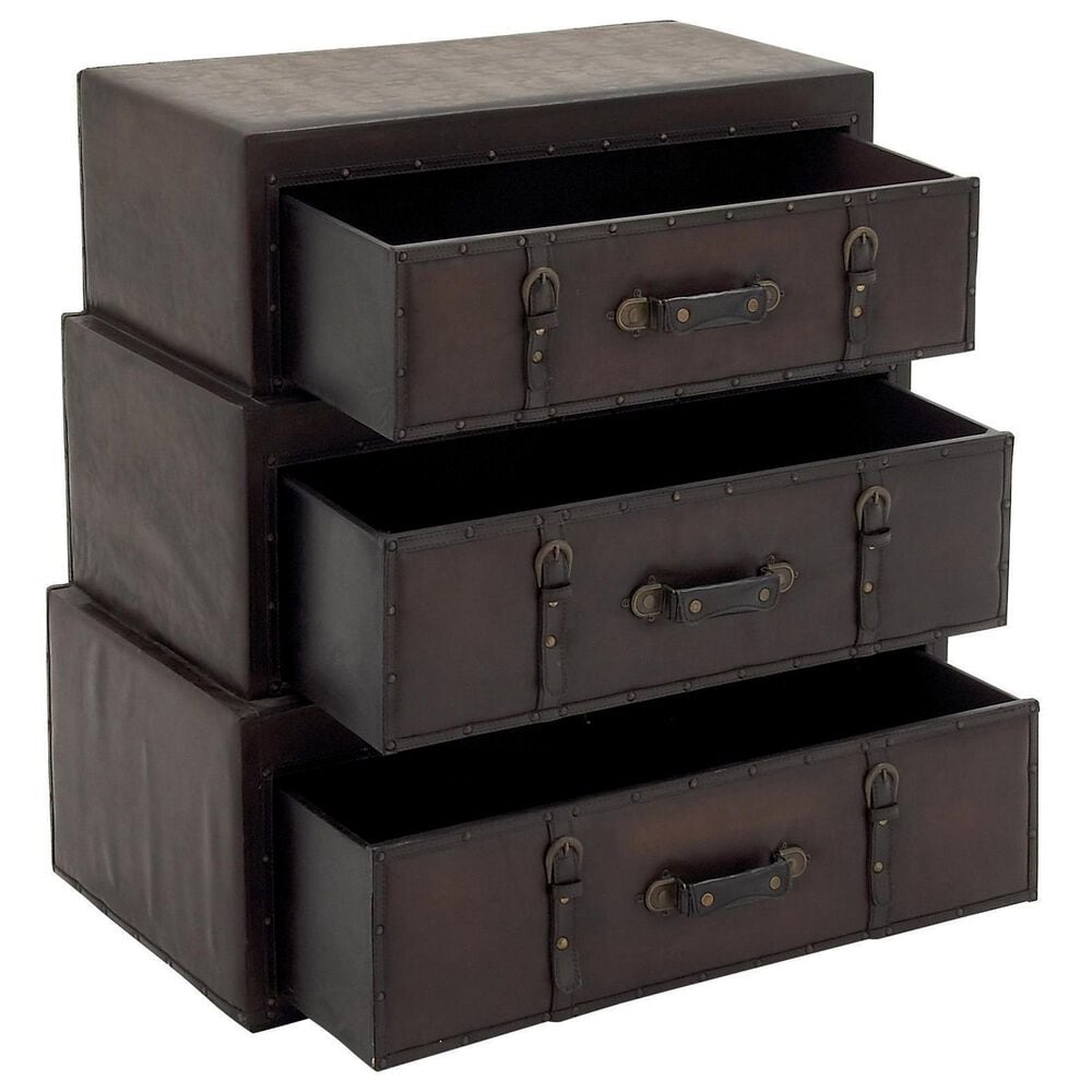 Maple and Jade 3-Drawer Vintage Faux Leather Room Chest with Buckles and Straps Details in Brown, , large