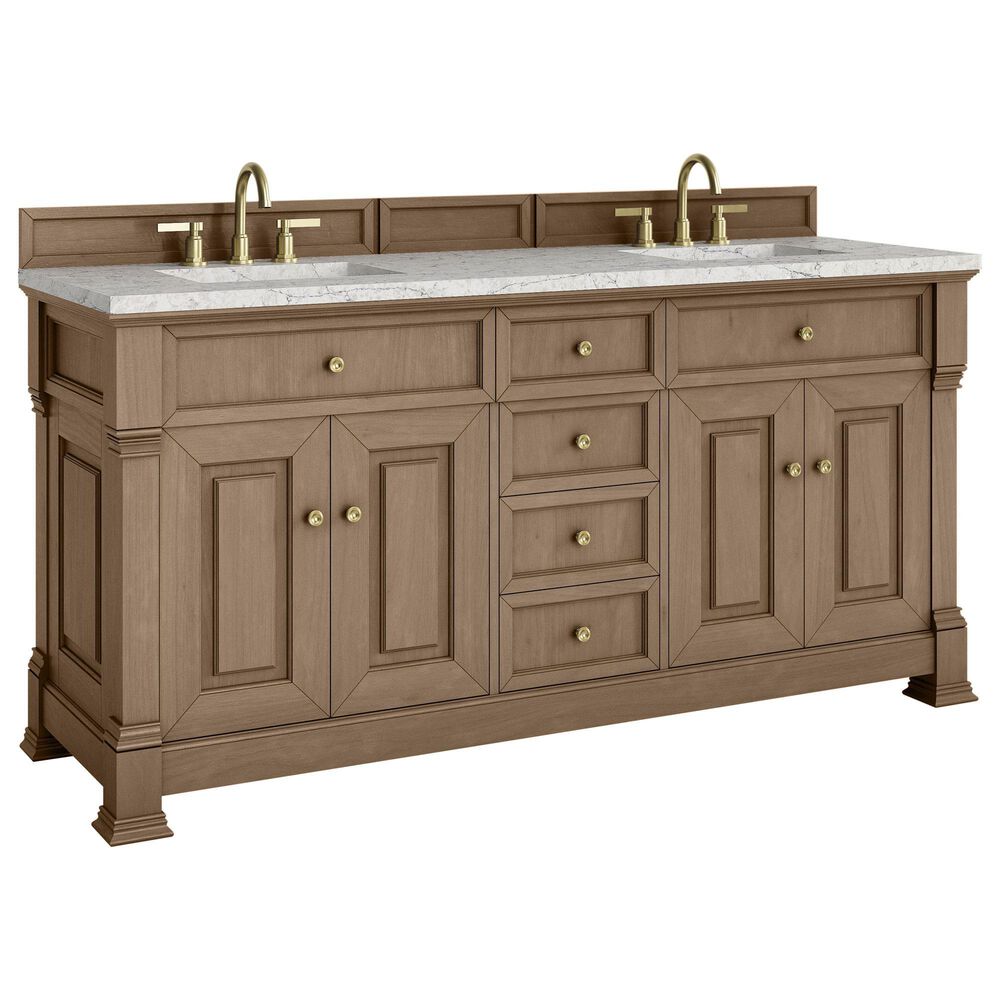 James Martin Vanities Brookfield 72" Double Bathroom Vanity in Pecan with 3cm Eternal Jasmine Pearl Quartz Top and Rectangular Sinks, , large
