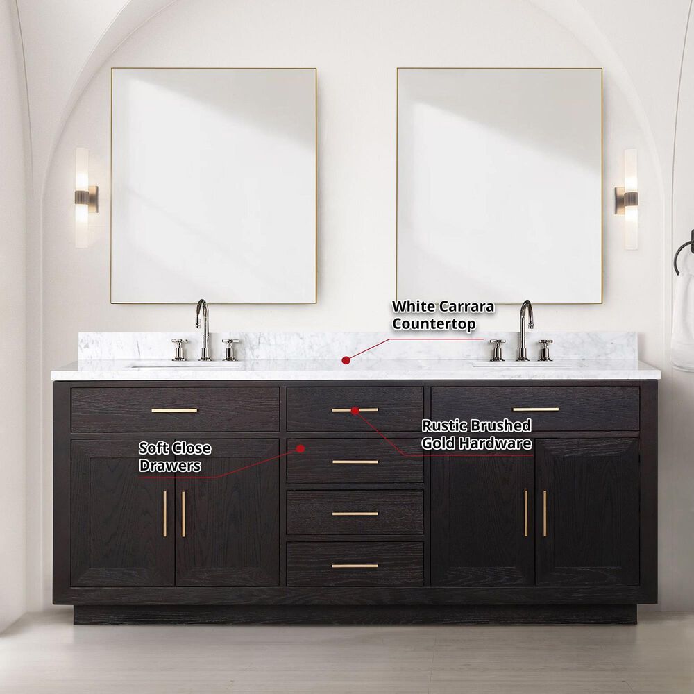 Lexora Home Abbey 80&quot; Double Bathroom Vanity in Black Oak with 2 cm White Carrara Marble Top and Rectangular Sinks, , large