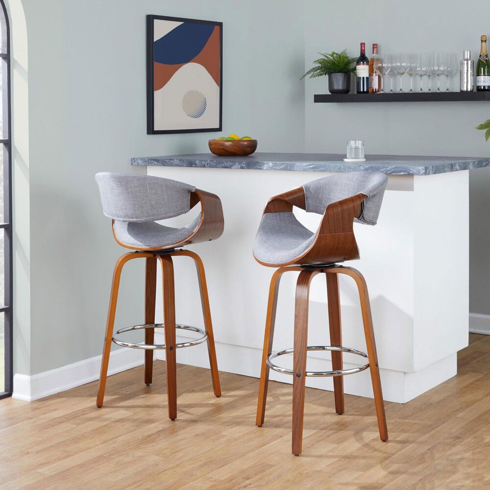 LumiSource Curvini 30" Swivel Barstool with Grey Upholstery in Walnut and Chrome (Set of 2), , large