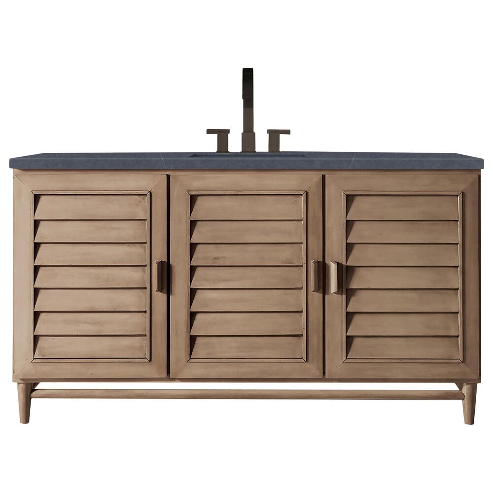 James Martin Vanities Portland 60" Single Bathroom Vanity in Whitewashed Walnut with 3 cm Charcoal Soapstone Quartz Top and Rectangular Sink, , large
