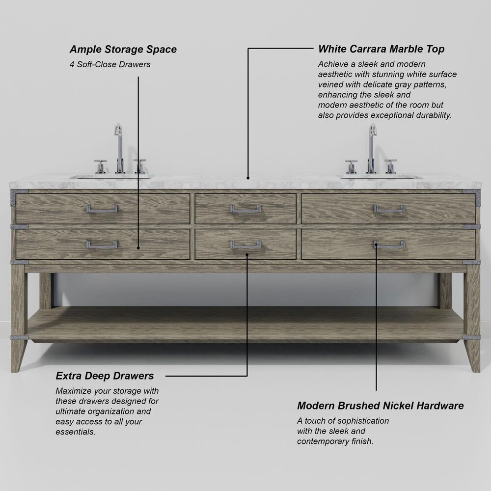 Lexora Home Norwalk 84&quot; Double Bathroom Vanity in Grey Oak with White Carrara Marble Top  and Rectangle Sink, , large