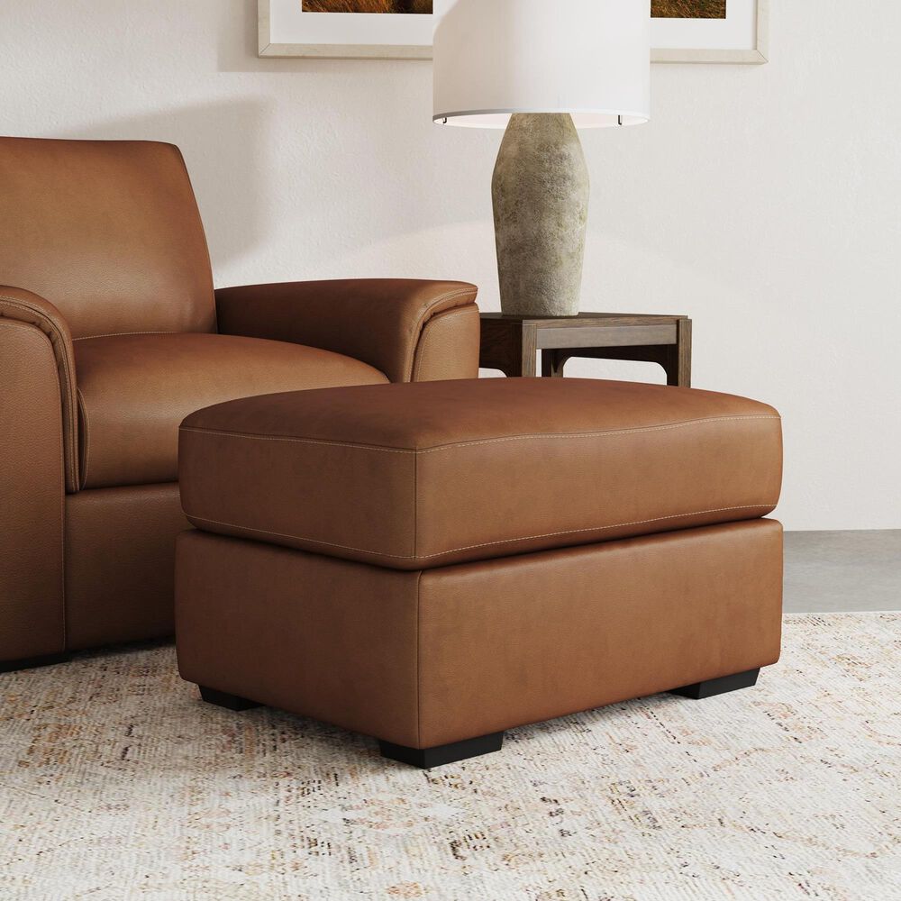 Flexsteel Henry Stationary Leather Chair and Ottoman Set in Caramel, , large
