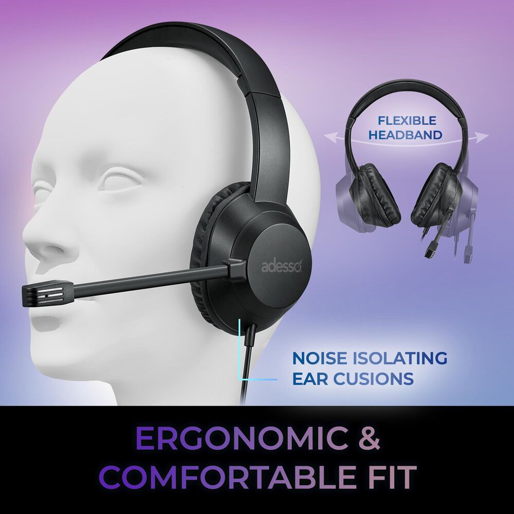 Adesso Wired Stereo Headset with AI Control in Black, , large