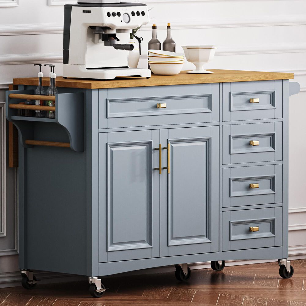 HOMLUX 52'' Kitchen Island with Drop Leaf in Blue Grey, , large