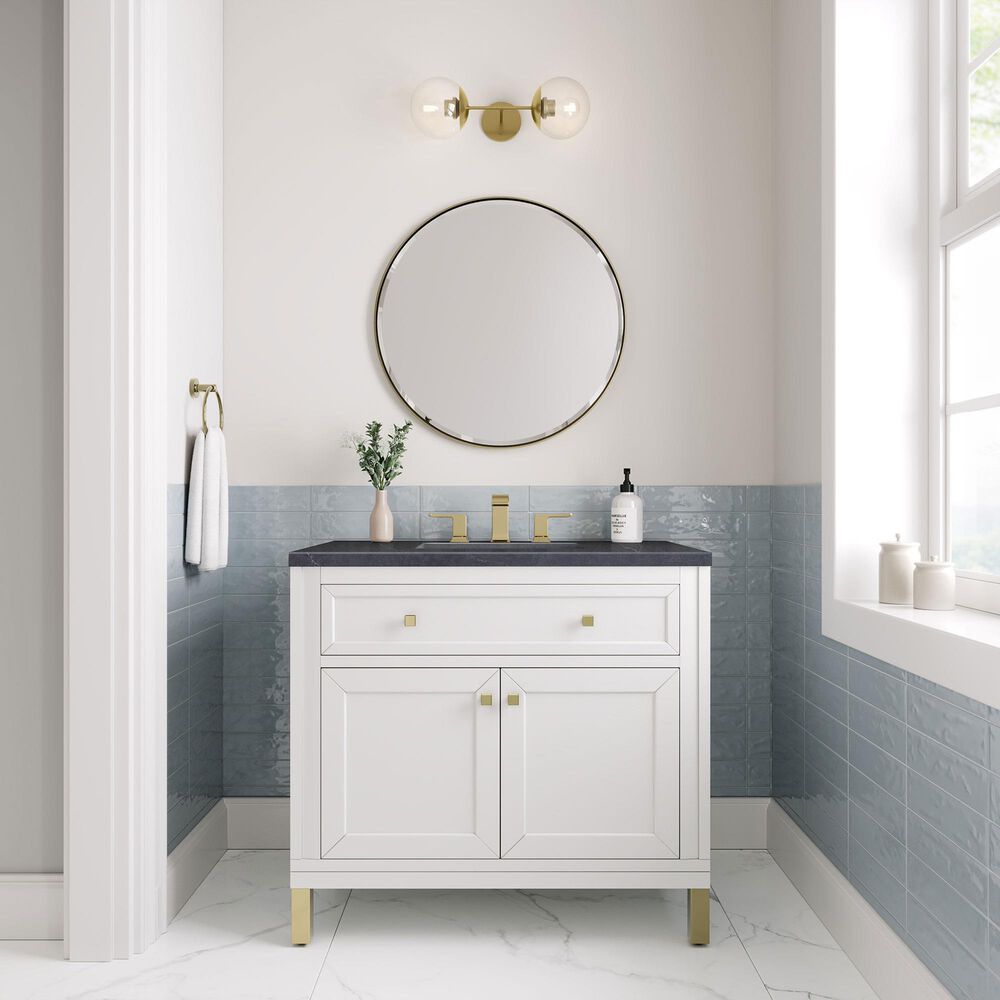 James Martin Vanities Chicago 36&quot; Single Bathroom Vanity in Glossy White with 3 cm Charcoal Soapstone Quartz Top and Rectangular Sink, , large
