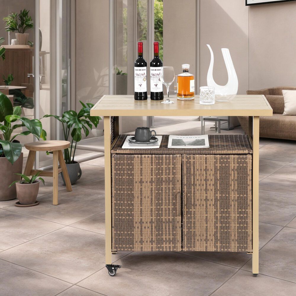 Hearth and Haven Patio Bar Cart with Cabinet in Beige, , large
