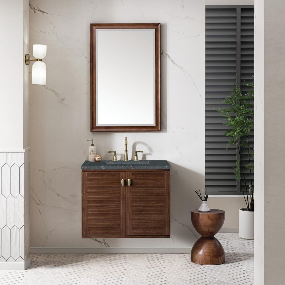James Martin Vanities Amberly 30&quot; Single Bathroom Vanity in Mid-Century Walnut with 3 cm Parisien Bleu Quartz Top and Rectangular Sink, , large