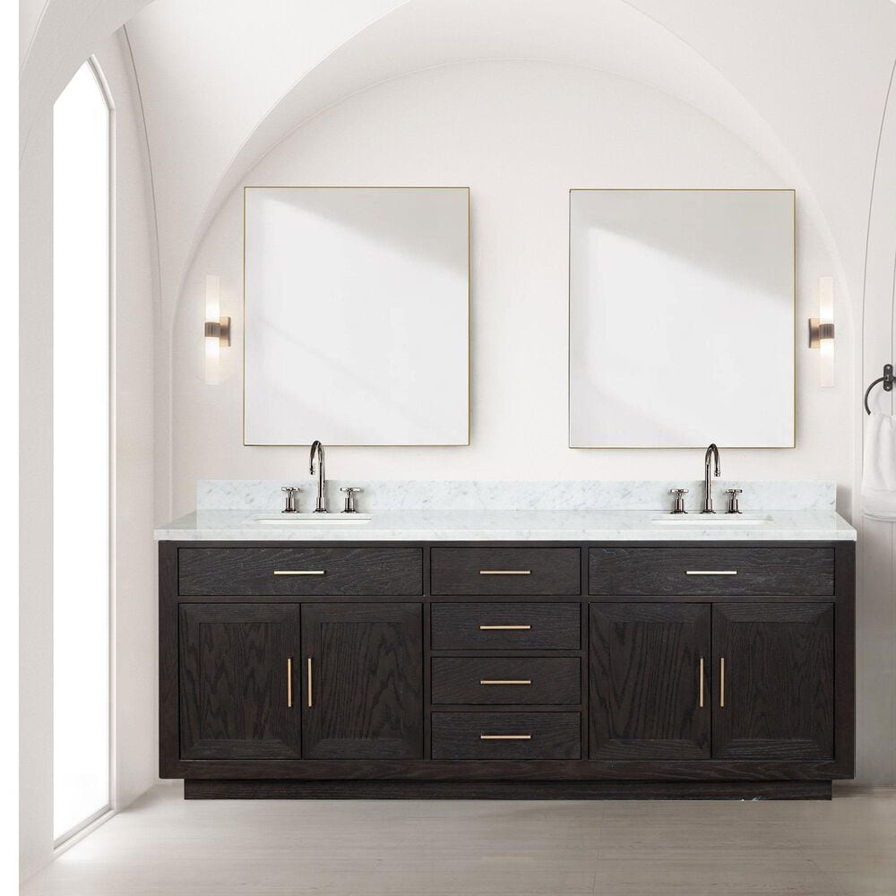 Lexora Home Abbey 84&quot; Double Bathroom Vanity in Black Oak with 2 cm White Carrara Marble Top and Rectangular Sinks, , large