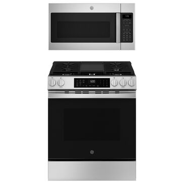 GE Appliances 2-Piece Kitchen Package with 5.3 Cu. Ft. Slide-In Gas Range and 1.9 Cu. Ft. Over-The-Range Microwave in Stainless Steel and Black, , large