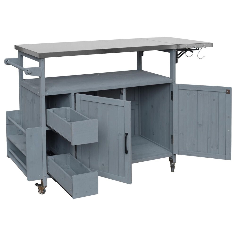 HOMLUX Farmhouse Rolling Outdoor Kitchen Cart with Stainless Steel Top in Blue Gray, , large