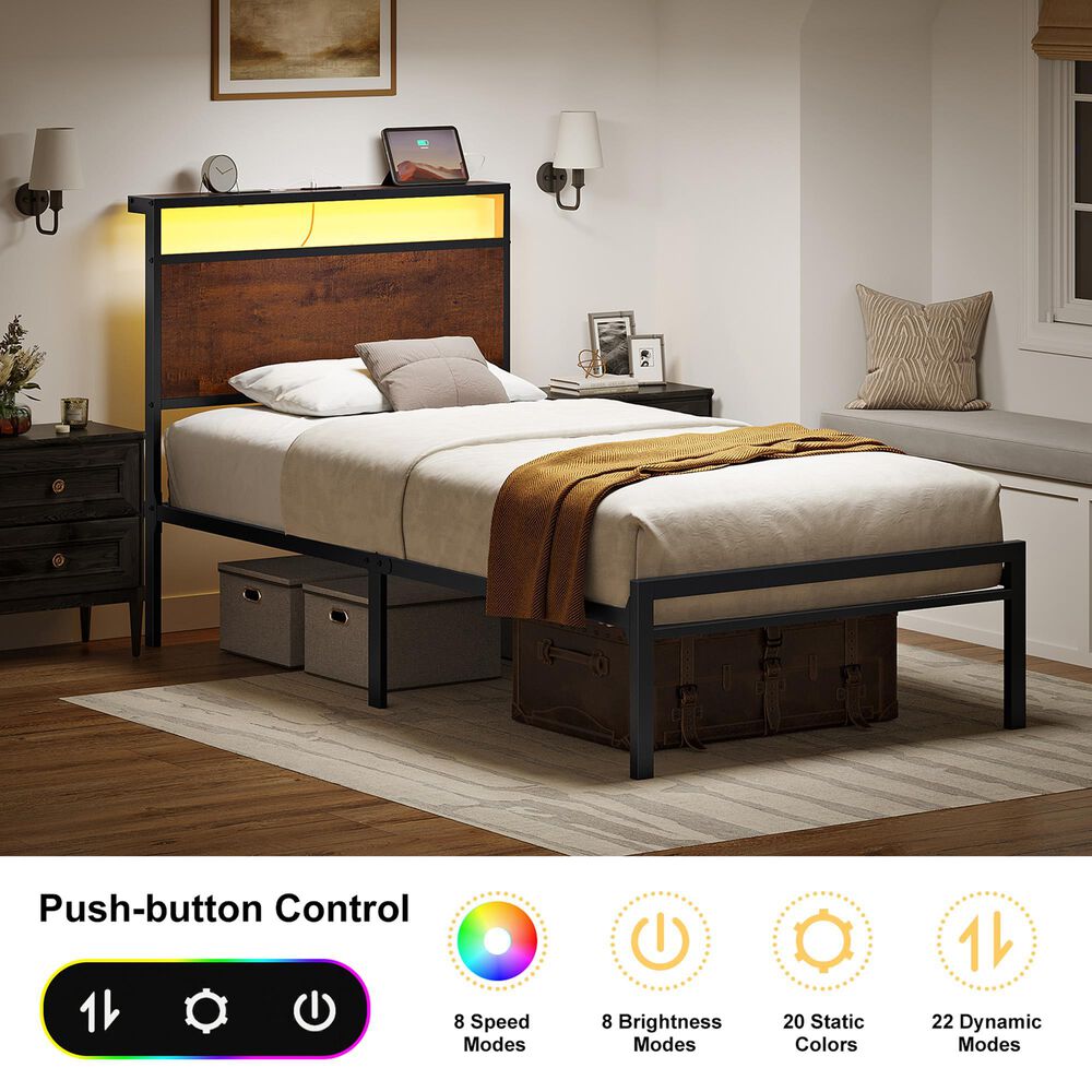 HOMLUX Industrial Twin Platform Bed with LED Headboard and Charging Station in Rustic Brown, , large