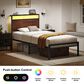 HOMLUX Industrial Twin Platform Bed with LED Headboard and Charging Station in Rustic Brown, , large