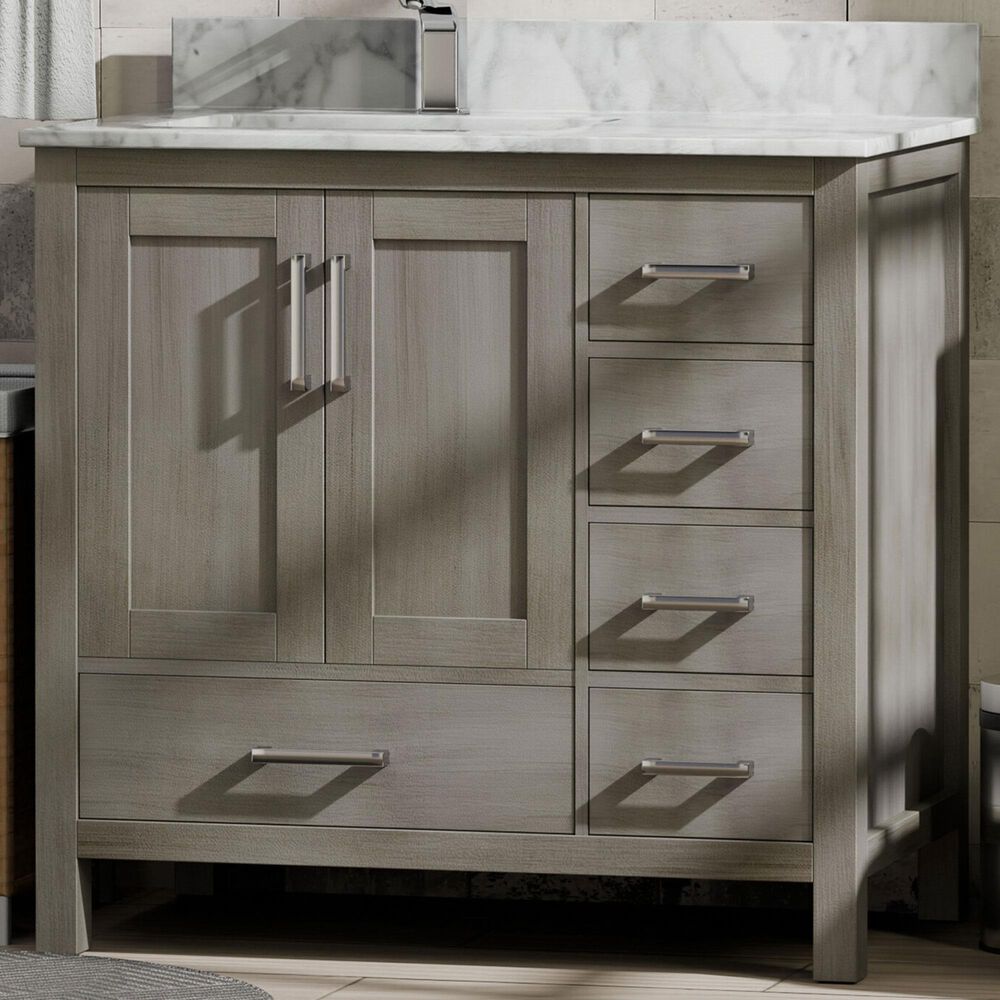 Lexora Home Jacques 36&quot; Left Offset Single Bathroom Vanity in Distressed Grey with 2 cm White Carrara Marble Top and Rectangular Sink, , large