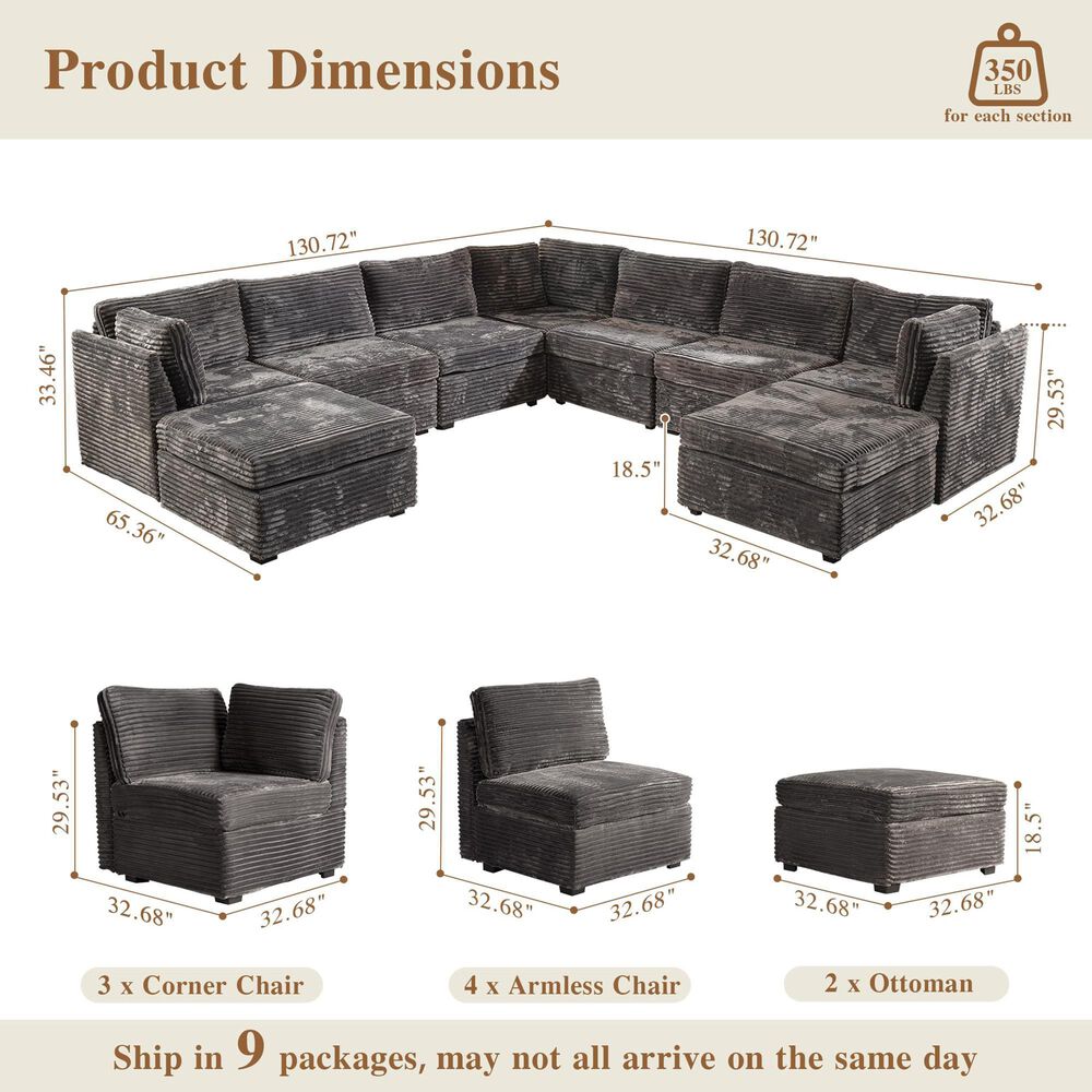 Noviland HOMLUX 9-Piece Mod L-Sectional with Chaise in Grey, , large