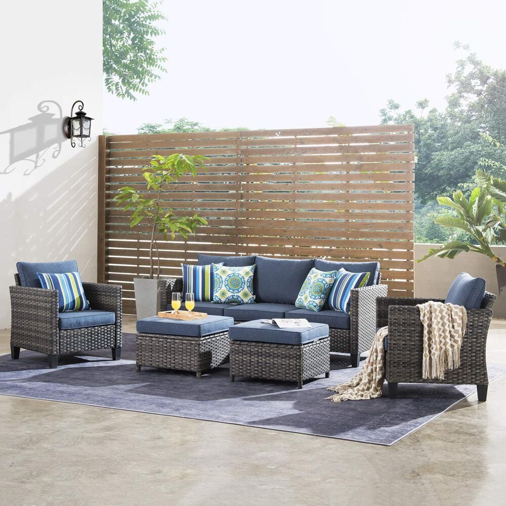 HOMLUX HOMLUX 5-Piece Outdoor Wicker Patio Furniture Set, High Back Rattan Sofa with Chairs, Ottomans &amp; Cushions in Denim Blue, , large