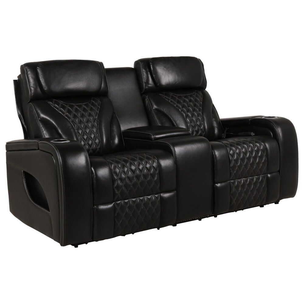Aurora Furnishings Livorno Leather Power Reclining Console Loveseat with Massage in Black, , large