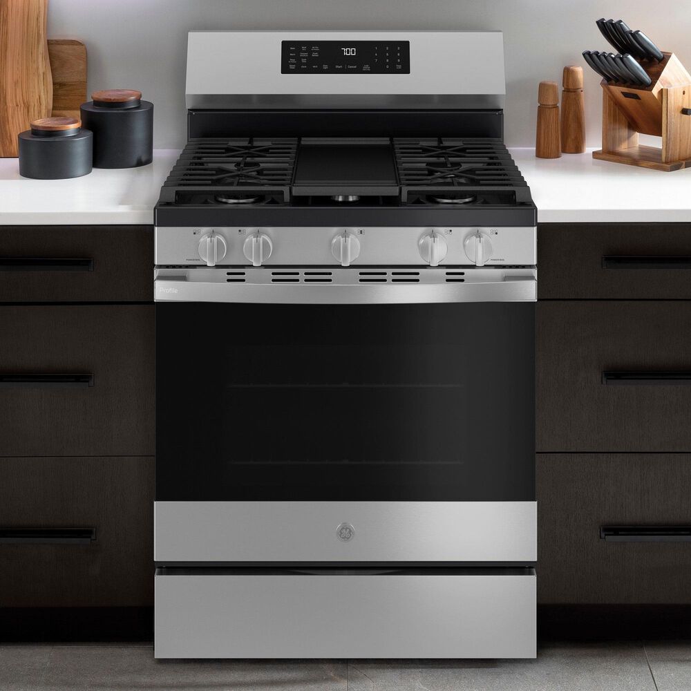 GE Profile 5.3 Cu. Ft. Smart Freestanding Gas Range with No Preheat Air Fry in Stainless Steel, , large