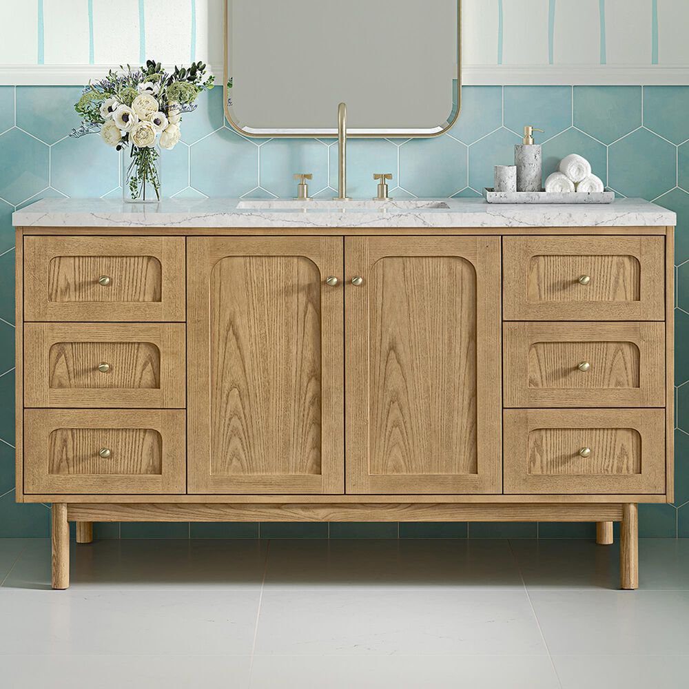 James Martin Vanities Laurent 60&quot; Single Bathroom Vanity in Light Natural Oak with 3 cm Eternal Jasmine Pearl Quartz Top and Rectangular Sink, , large