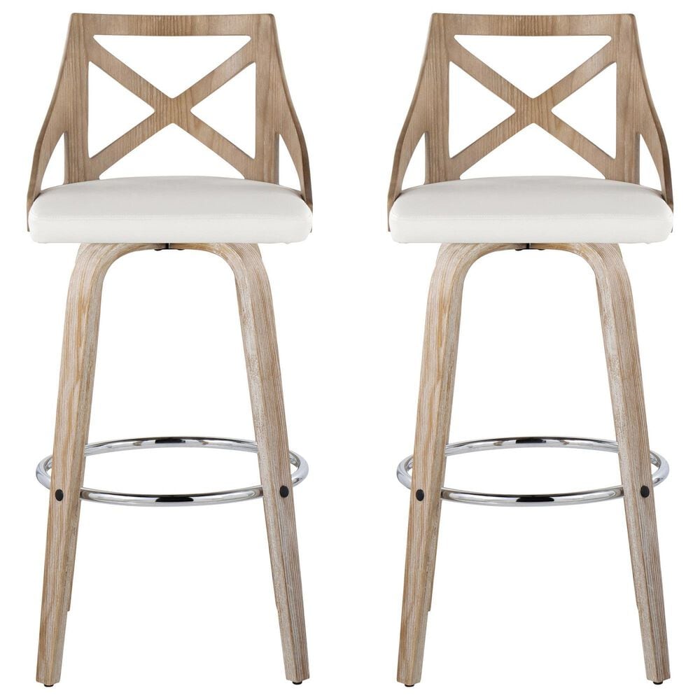 LumiSource Charlotte Swivel Bar Stool with White Faux Leather Upholstery in Whitewashed and Chrome (Set of 2), , large