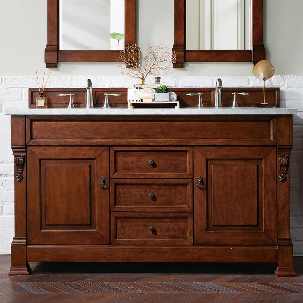 James Martin Vanities Brookfield 60&quot; Double Bathroom Vanity in Warm Cherry with 3 cm Carrara White Marble Top and Rectangle Sink, , large