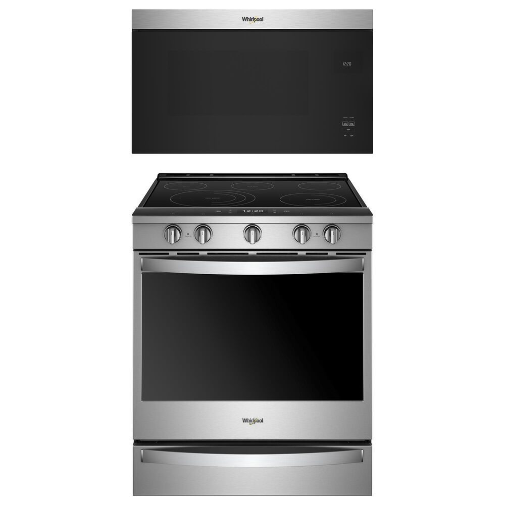 Whirlpool 2-Piece Kitchen Package with 6.4 Cu. Ft. Smart Slide-In Electric Range and 1.1 Cu. Ft. Over-the-Range Microwave in Fingerprint Resistant Stainless Steel, , large