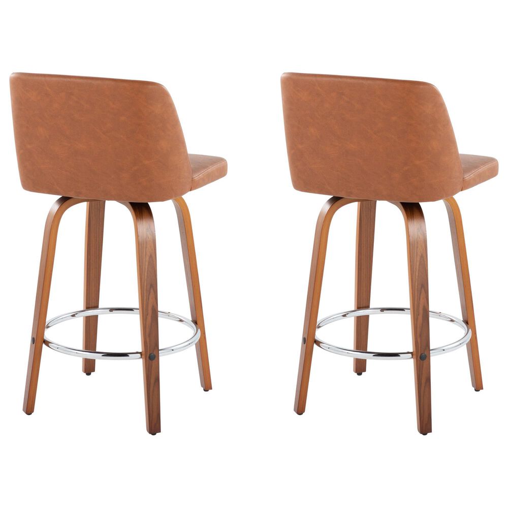 LumiSource Toriano Swivel Counter Stool with Camel Faux Leather Upholstery in Walnut and Chrome (Set of 2), , large